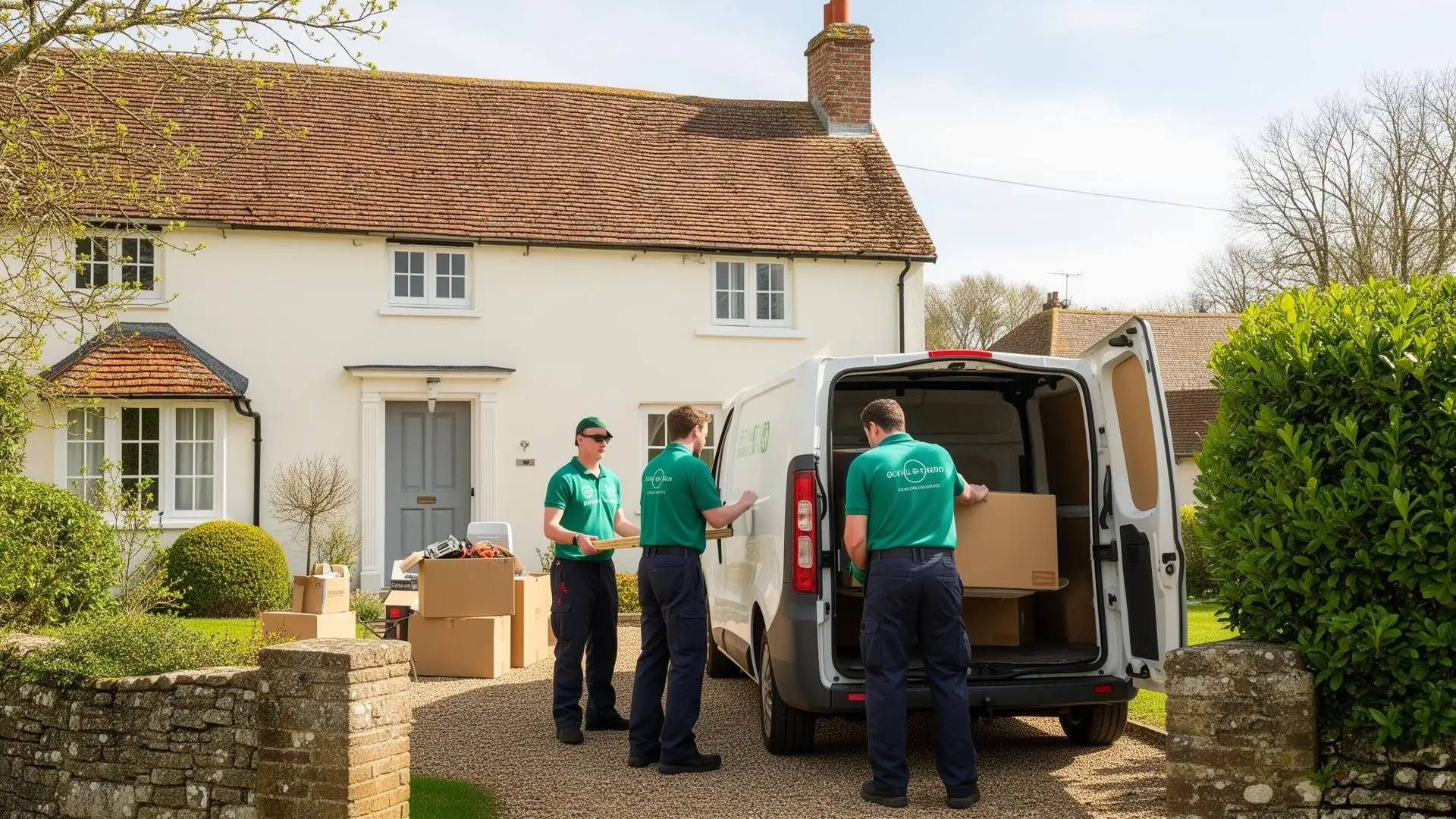 Dorset House Clearances team loading a van outside a Dorset cottage